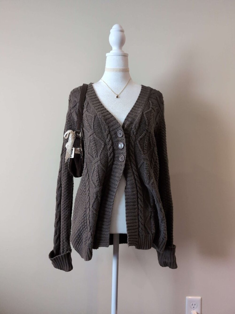 Olive Cable Knit V-Neck Button Cardigan | Chunky Knit | Size M